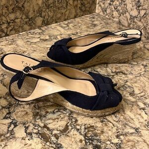 Talbots wedge open toe heel, navy size 7.5